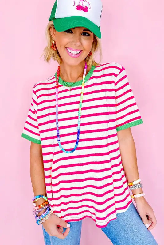 Rose stripe loose top - contrast trim crew neck short sleeve - t-shirts