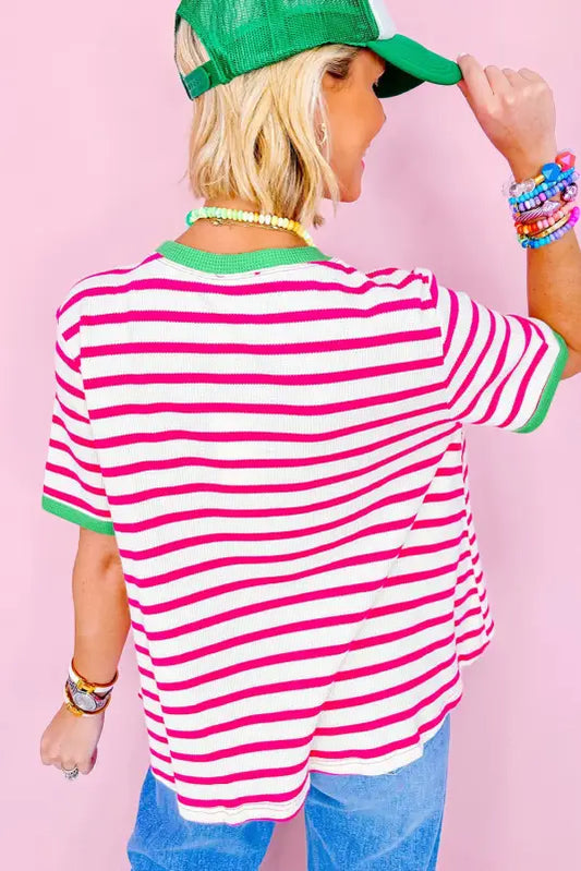 Rose stripe loose top - contrast trim crew neck short sleeve - t-shirts