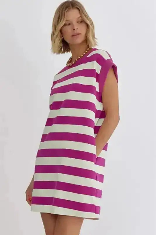 Pink striped shift T-shirt dress back view — Fashionfitz UK