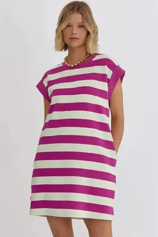Rose pink striped casual shift T-shirt dress front view — Fashionfitz UK