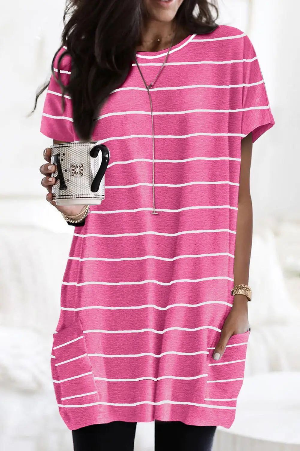 Rose striped print side pockets short sleeve tunic top - t-shirts