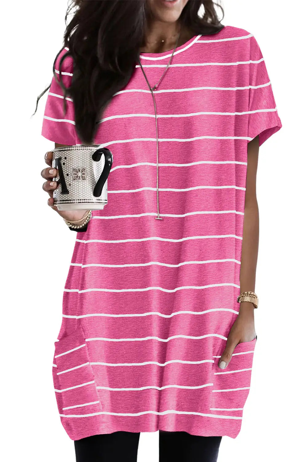 Rose striped print side pockets short sleeve tunic top - t-shirts
