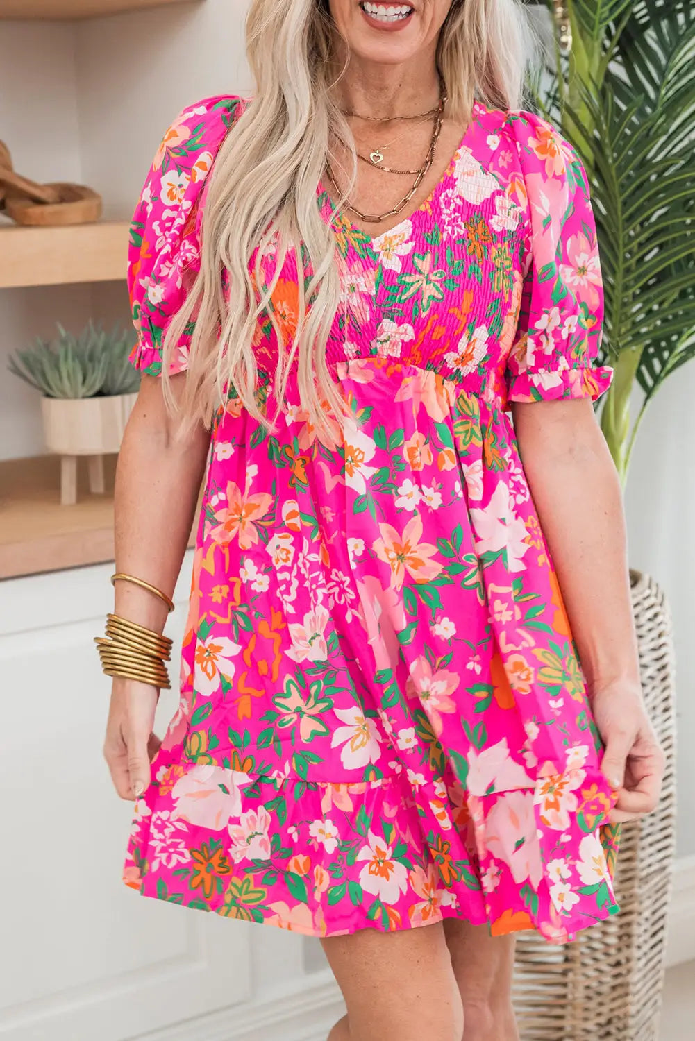 Rose summertime dress - floral smocked bodice - s / 100% polyester - dresses