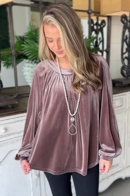 Rose tan button keyhole back velvet swing top - long sleeve tops