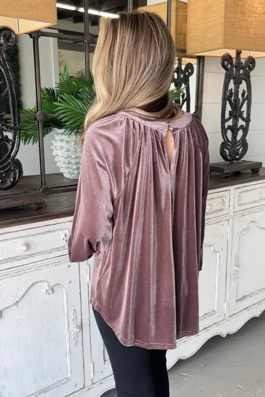 Rose tan button keyhole back velvet swing top - long sleeve tops