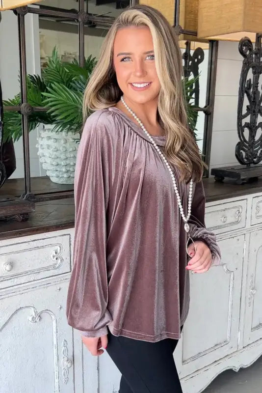 Rose tan button keyhole back velvet swing top - long sleeve tops