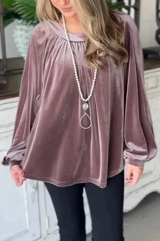 Rose Tan Button Keyhole Back Velvet Swing Top - Fashionfitz