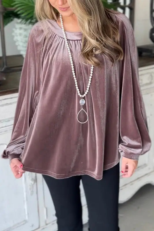 Rose tan button keyhole back velvet swing top - l / 95% polyester + 5% elastane - long sleeve tops