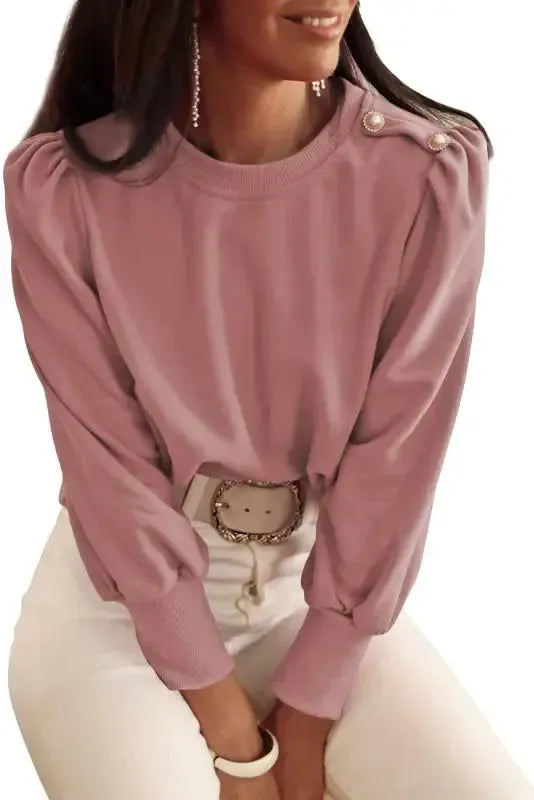 Rose Tan Button Tab Detail Long Sleeve Top - Fashionfitz