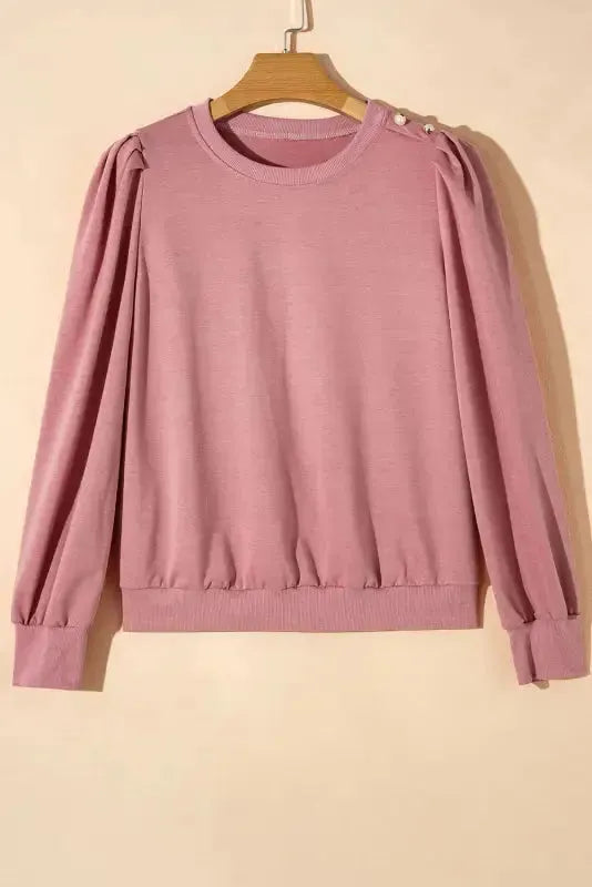 Rose Tan Button Tab Detail Long Sleeve Top - Fashionfitz