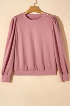 Rose Tan Button Tab Detail Long Sleeve Top - Fashionfitz