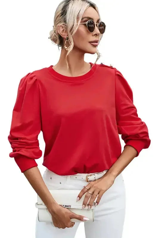 Rose Tan Button Tab Detail Long Sleeve Top - Fashionfitz
