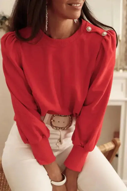Rose Tan Button Tab Detail Long Sleeve Top - Fashionfitz