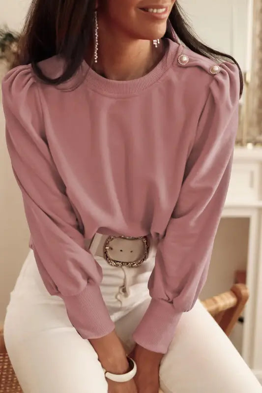 Rose tan button tab detail long sleeve top - s / 65% polyester + 30% cotton + 5% elastane - tops