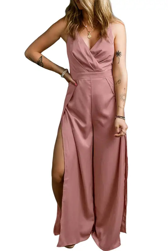 Rose tan satin spaghetti strap surplice split wide leg jumpsuit - jumpsuits & rompers