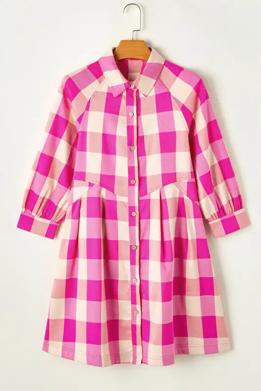 Rose tartan twist mini dress: pink & white checkered, long sleeve button-up, mini dress