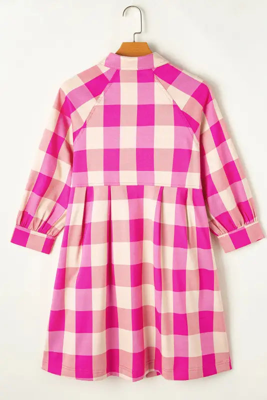 Rose tartan twist mini dress in pink and white checks with long sleeves – relax relax