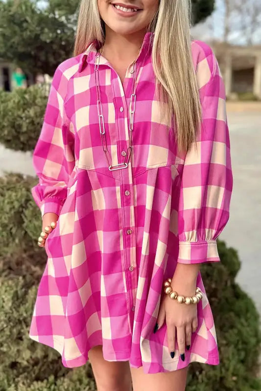 Rose tartan twist mini dress: pink & white checkered shirt dress with puffed sleeves