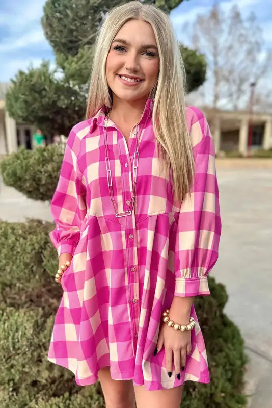 Rose tartan twist mini dress - pink and white checkered shirt with collar and buttons