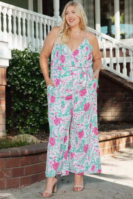 Rose tropical floral spaghetti straps belted plus size jumpsuit