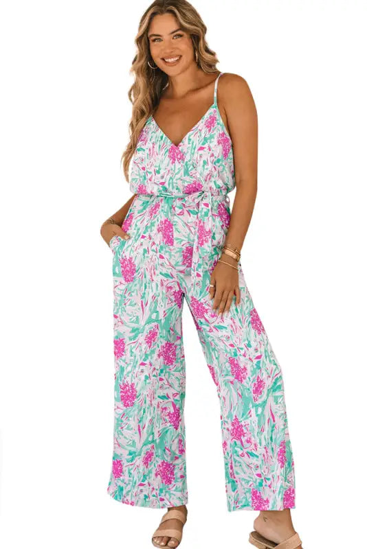 Rose tropical floral spaghetti straps belted plus size jumpsuit