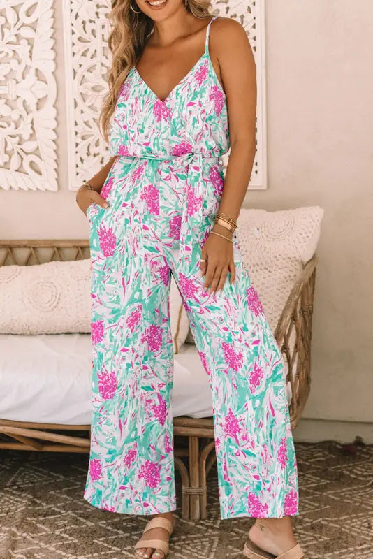 Rose tropical floral spaghetti straps belted plus size jumpsuit