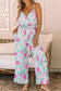 Rose tropical floral spaghetti straps belted plus size jumpsuit