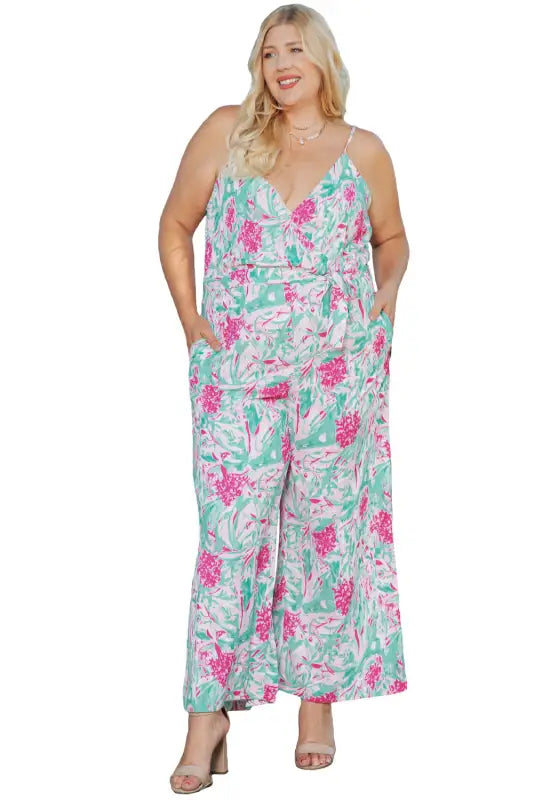 Rose tropical floral spaghetti straps belted plus size jumpsuit