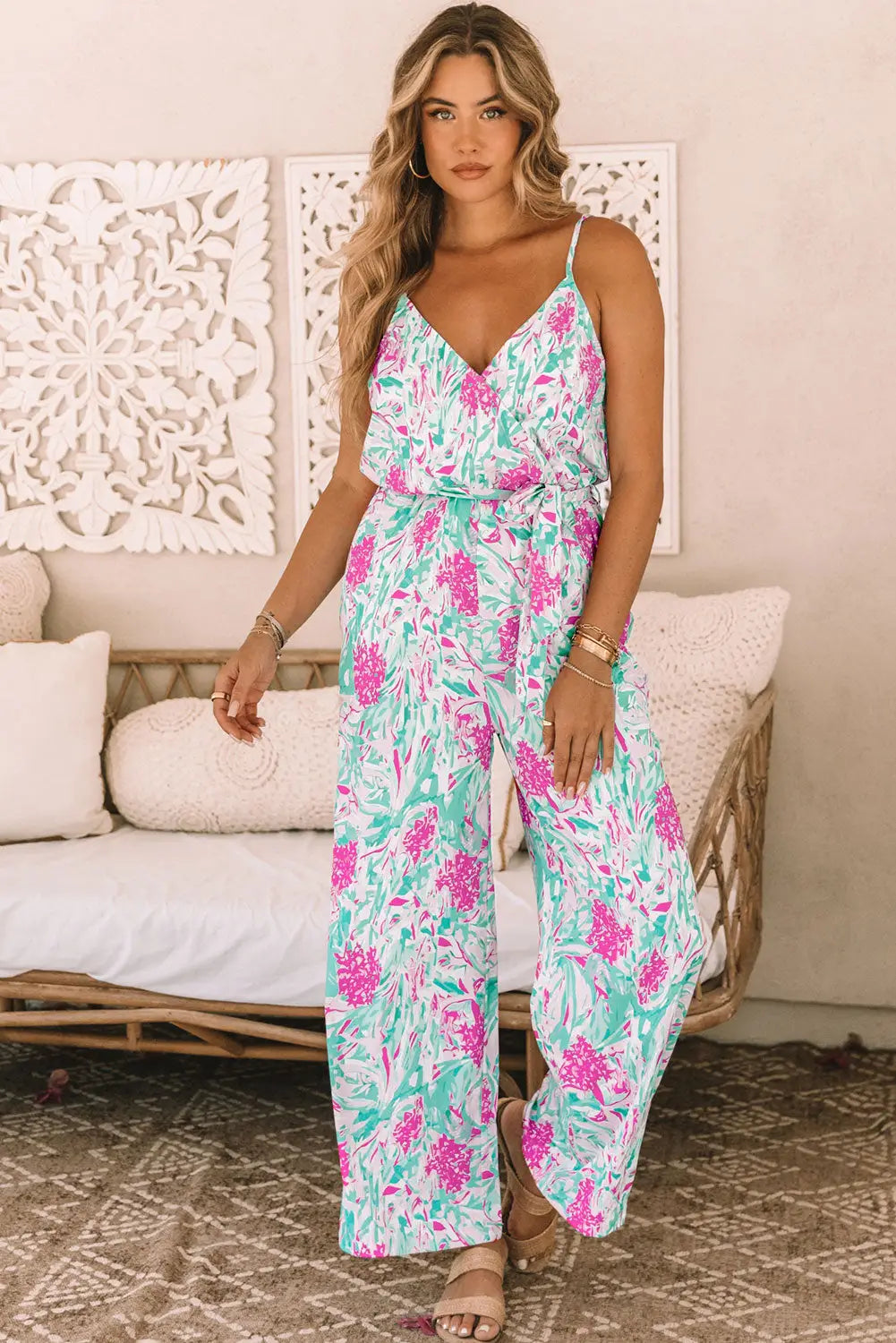 Rose tropical floral spaghetti straps belted plus size jumpsuit