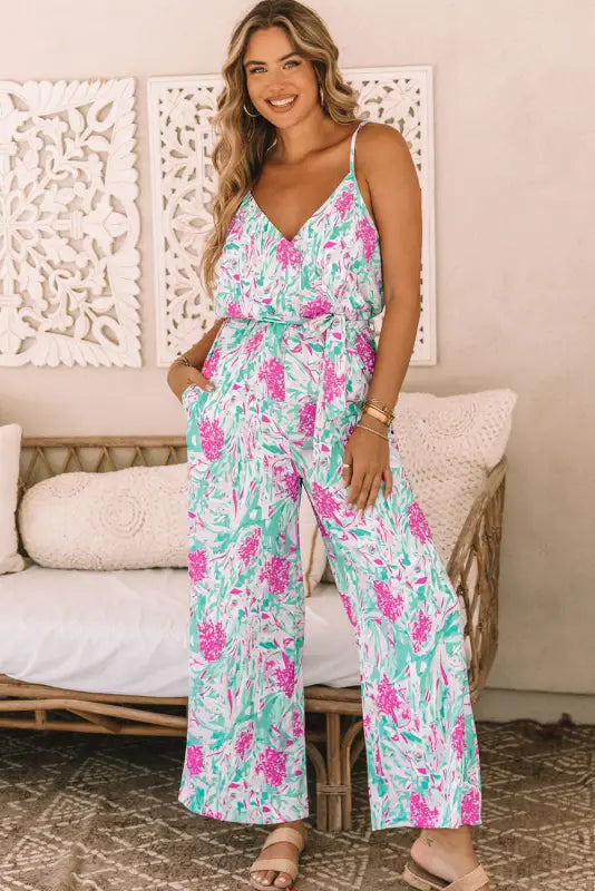 Rose tropical floral spaghetti straps belted plus size jumpsuit - sky blue / s / 100% polyester