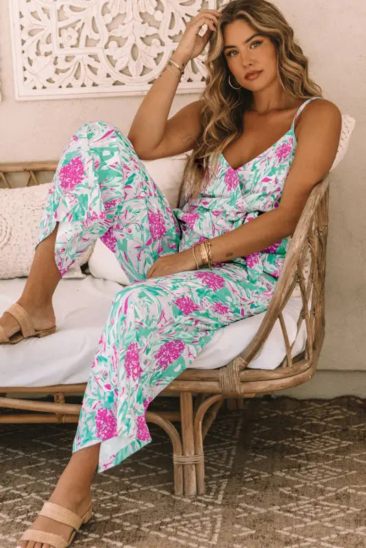 Rose tropical floral spaghetti straps belted plus size jumpsuit