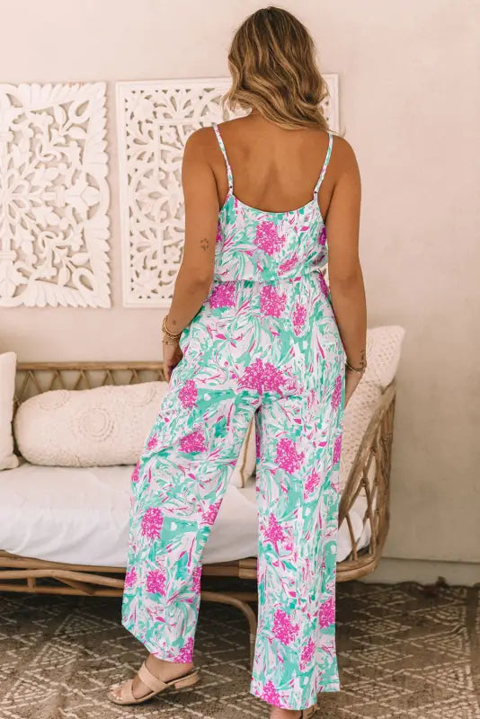 Rose tropical floral spaghetti straps belted plus size jumpsuit