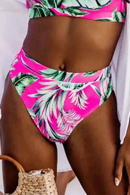 Rose Tropical Print Textured Bikini Bottoms - Fashionfitz