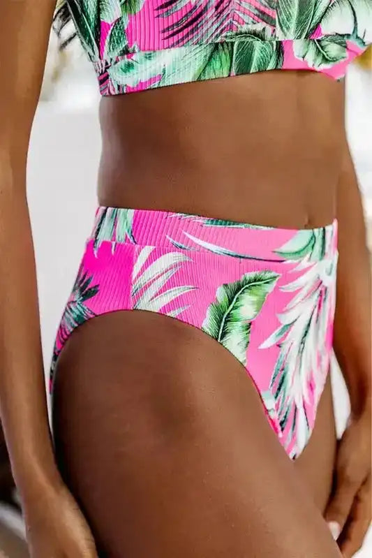 Rose Tropical Print Textured Bikini Bottoms - Fashionfitz