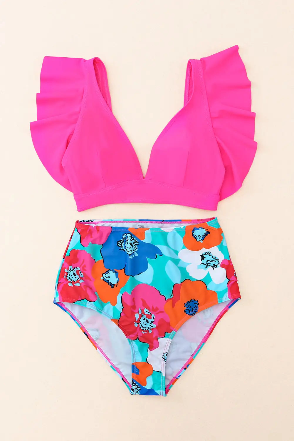 Rose v neck ruffles floral print high waist bikini - swimsuits