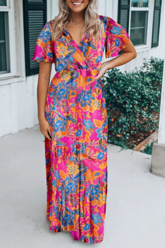 Rose wrap v neck floral maxi dress - s / 100% viscose - dresses