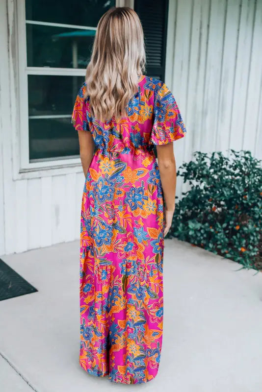 Rose wrap v neck floral maxi dress - dresses