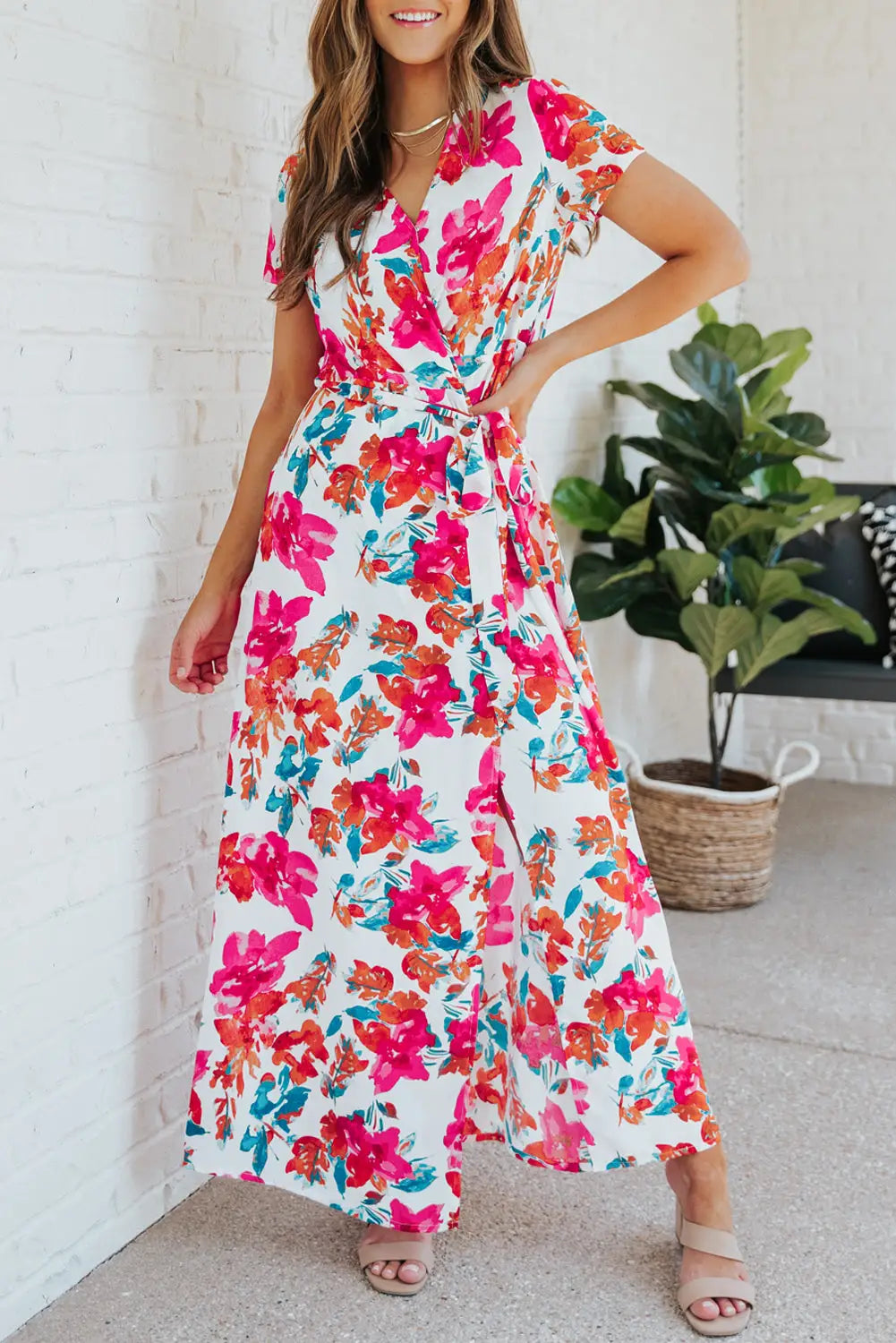 Rose wrap v neck short sleeve floral maxi dress - us3x / 100% polyester - dresses