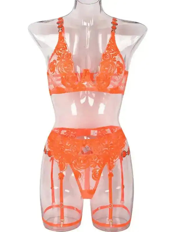 Roses Are Red - Embroidered 3-Pieces Garter Lingerie Set - Fashionfitz