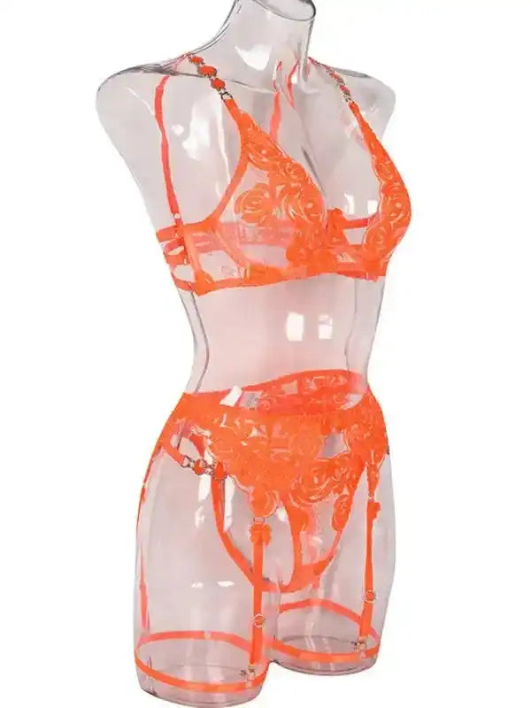 Roses Are Red - Embroidered 3-Pieces Garter Lingerie Set - Fashionfitz