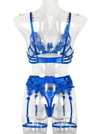 Roses Are Red - Embroidered 3-Pieces Garter Lingerie Set - Fashionfitz