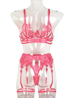 Roses Are Red - Embroidered 3-Pieces Garter Lingerie Set - Fashionfitz