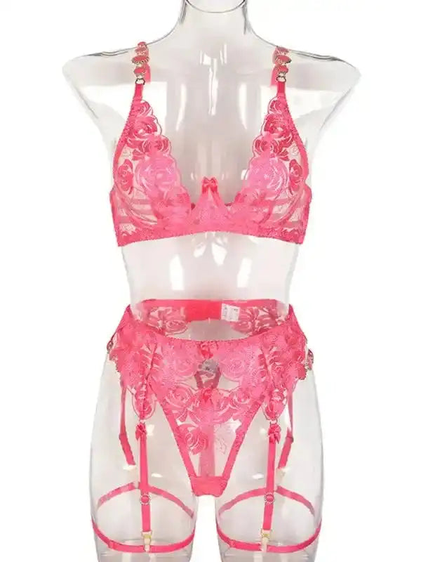 Roses Are Red - Embroidered 3-Pieces Garter Lingerie Set - Fashionfitz