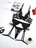 Roses Are Red - Embroidered 3-Pieces Garter Lingerie Set - Fashionfitz