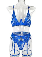 Roses Are Red - Embroidered 3-Pieces Garter Lingerie Set - Fashionfitz