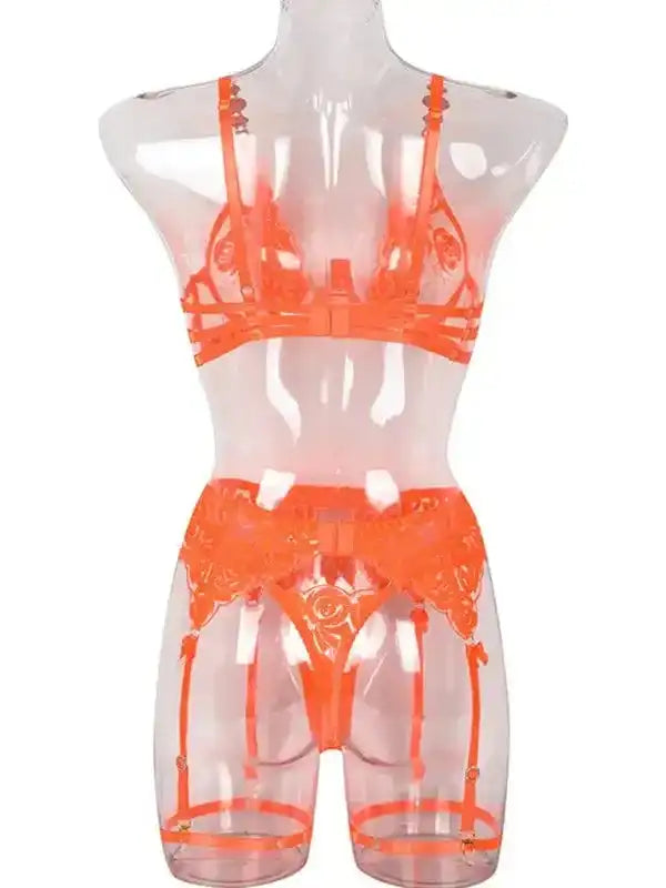 Roses Are Red - Embroidered 3-Pieces Garter Lingerie Set - Fashionfitz