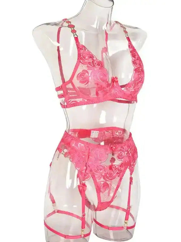Roses Are Red - Embroidered 3-Pieces Garter Lingerie Set - Fashionfitz