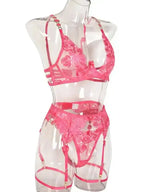 Roses Are Red - Embroidered 3-Pieces Garter Lingerie Set - Fashionfitz