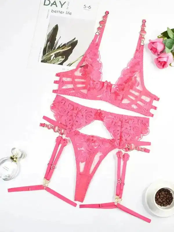 Roses Are Red - Embroidered 3-Pieces Garter Lingerie Set - Fashionfitz