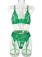 Roses Are Red - Embroidered 3-Pieces Garter Lingerie Set - Fashionfitz